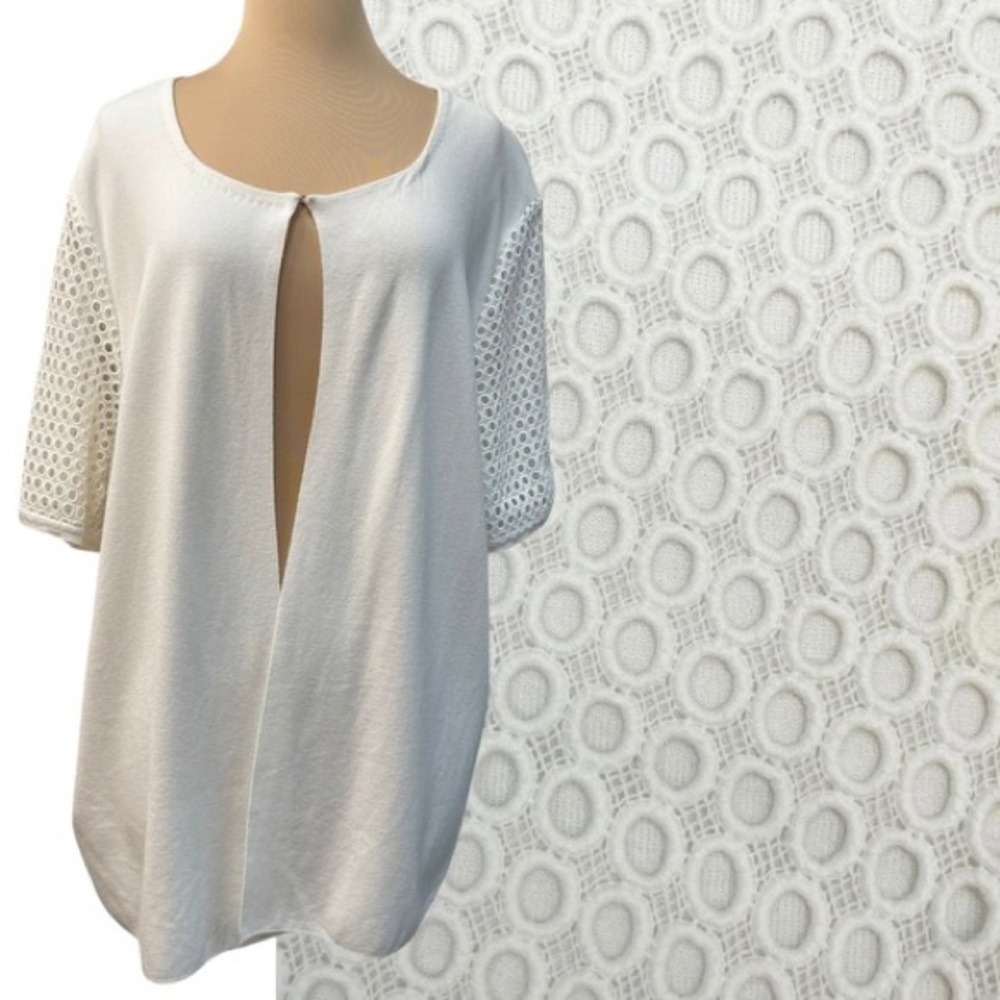 Lafayette 148 100% Cotton Short Sleeve Cardigan Circle Lace Back Size: 3X